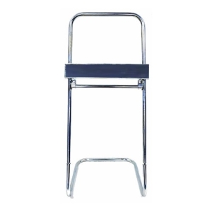 Metal folding stool with a blue seat and chrome frame, compact and minimal in design