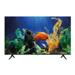 Flat-screen TV on a stand displaying an underwater aquarium scene with a bright orange fish.