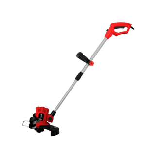 Red and black string trimmer (weed eater) with long silver shaft, handles, and cutting head on a white background