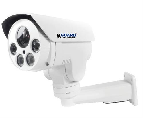 TA814A - Computech-Solutions White KGuard security camera with four lenses/LEDs, mounted on a wall bracket for outdoor surveillance.