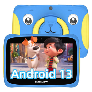 Blue kids' tablet showing Android 13 on its screen, designed for children. Includes a playful display with characters on the screen.