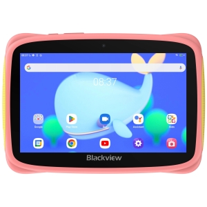 Pink kids' tablet in a protective case showing a Blackview screen with a blue wallpaper and several app icons on the home screen (Google, Play Store, Duo, Assistant).