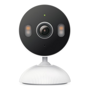 TAPO C113 - Computech-Solutions Circular black smart camera with a central lens, two side sensors, a small green status light, and a white curved base/stem.