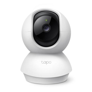 TAPO-C210 - Computech-Solutions White spherical indoor security camera (Tapo) on a pedestal with a black lens and green power light.