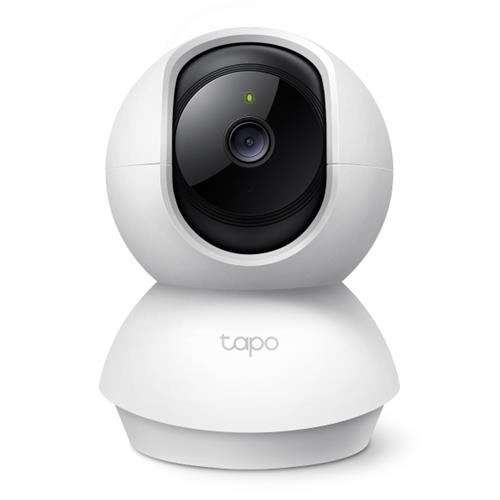 TAPO-C210 - Computech-Solutions White spherical indoor security camera (Tapo) on a pedestal with a black lens and green power light.