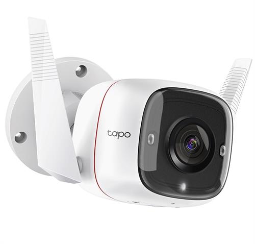 TAPO-C310 - Computech-Solutions White Tapo security camera with a black lens, two external antennas, shown at an angle against a white background, suggesting indoor/home surveillance.