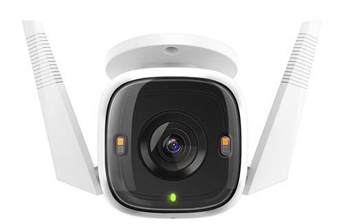 TAPO-C320WS - Computech-Solutions White wireless security camera with two external antennas and a green status light