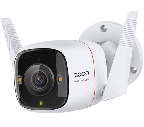 TAPO-C325WB - Computech-Solutions White Tapo security camera with black lens, mounted on a wall bracket.