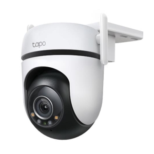 White Tapo dome security camera with mounting bracket, angled to monitor an area.