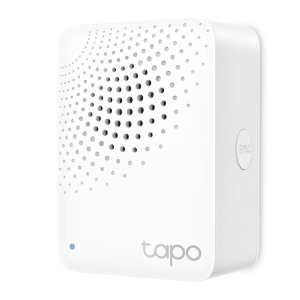White TAPO smart device with a perforated front grille and a Sync button on the right side.