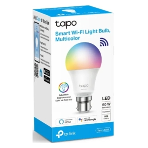 Box for Tapo Smart Wi‑Fi Multicolor LED bulb (60W equivalent) showing app control and voice assistant logos (Alexa/Google).