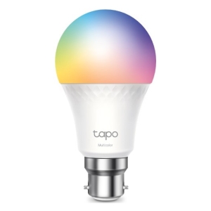 Smart color-changing LED light bulb with a rainbow-tinted glass dome and a metal screw base, labeled Tapo Multicolor.