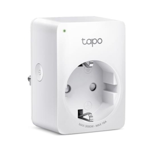 White Tapo plug-in smart outlet adapter with a circular recessed socket on the front, a green LED indicator, and a side power plug visible, designed to be plugged into a wall socket.