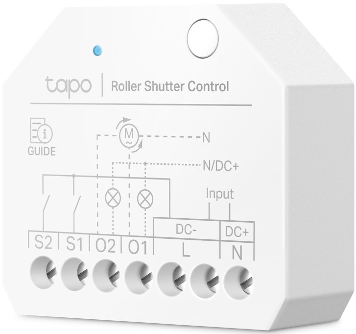 TAPO S112 - Computech-Solutions White Tapo Roller Shutter Control module with screw terminals labeled S2, S1, O2, O1, L, N and DC- DC+; small blue LED indicator on top.