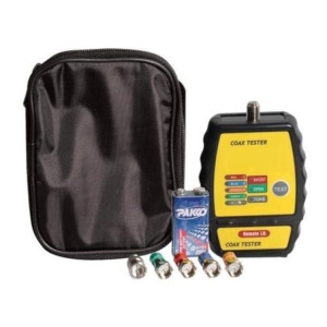 Coax tester kit with a yellow handheld device, five connectors, a blue battery, and a black carrying case.
