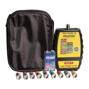 Coax tester kit with a yellow Goldtool handheld device, blue battery, eight small connectors, and a black carrying case laid out together.