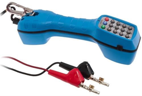 TCT-1900-BL - Computech-Solutions Blue handheld battery tester with numeric keypad and metal alligator clips at the end of red and black leads