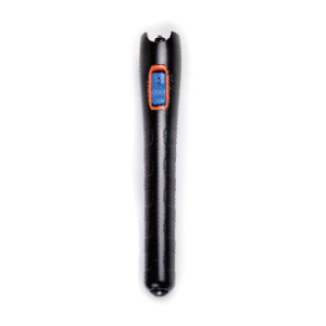 Slim black handheld device with a blue and orange rectangular button near the top.