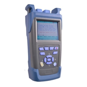 Rugged handheld diagnostic device with a color display and blue keypad, enclosed in a protective blue case for field use.