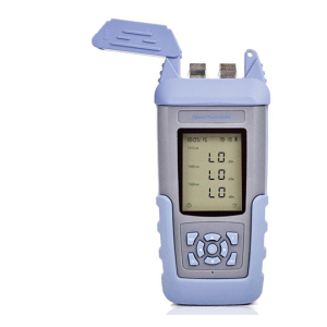 Handheld optical power meter for fiber optics with blue protective cover and open test head, LCD screen showing readings.