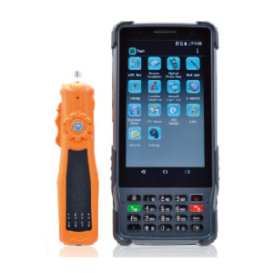 Orange handheld rugged scanner beside a large rugged smartphone displaying app icons on its home screen.