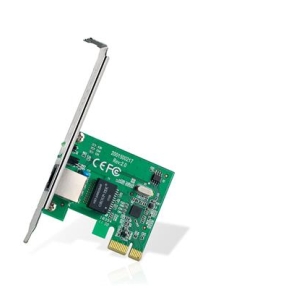 Green PCIe expansion card with a metal bracket and gold-finger edge connector shown at an angle, PCB components visible