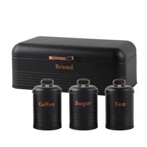 Black kitchen set with a large bread box and three labeled canisters reading Coffee, Sugar, and Tea in front.