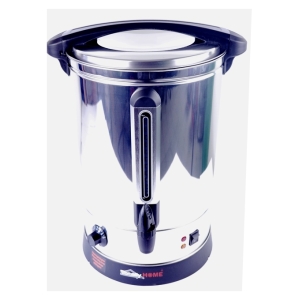 Stainless steel electric coffee urn with blue handles and a spout for dispensing hot beverages.