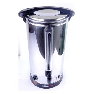 Large stainless steel electric beverage urn with black handles and a built‑in thermometer, used to keep/dispense hot water or coffee on a countertop.