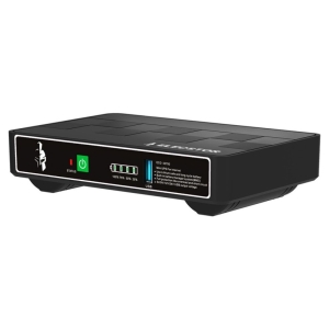 Compact black mini UPS with a green power button, status LEDs, and a USB port on the front panel, used for backup power.