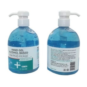 TiTEC001 - Computech-Solutions Two blue hand sanitizer bottles with white pump dispensers side by side, labeled Hand Gel Alcohol Based (sanitizer).