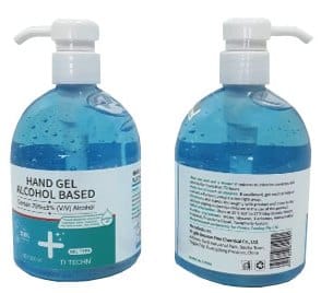 TiTEC001 ComputechSolutions Two blue hand sanitizer bottles with white pump dispensers side by side, labeled Hand Gel Alcohol Based (sanitizer).