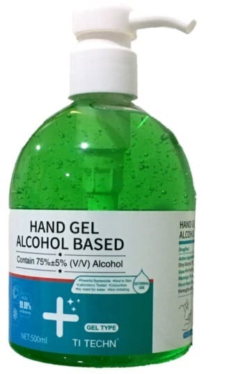 TiTEC001GRN ComputechSolutions Green alcohol-based hand sanitizer in a pump bottle (500 ml) with a white label reading 'HAND GEL ALCOHOL BASED'.