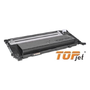 Black laser printer toner cartridge with a visible brand label on the side and a long metal roller on top, used for refilling a printer.