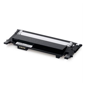 Black laser printer toner cartridge resting on a white background, showing the cartridge's intake and connectors for replacement installation