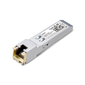 SFP+ fiber optic network transceiver module with gold-plated contact end and labeling on the side.
