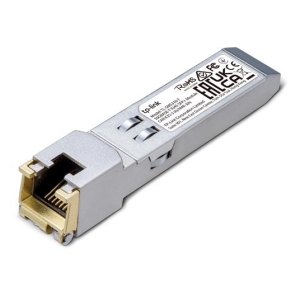 Small form-factor pluggable (SFP) fiber optic transceiver module with a gold-plated connector and label on top.