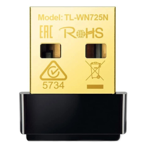 Gold USB wireless adapter with model TL-WN725N, inserted into a black USB port, showing RoHS and recycling icons on the gold housing.