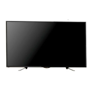 Slim flat-screen television with a black screen and silver legs on a white background.