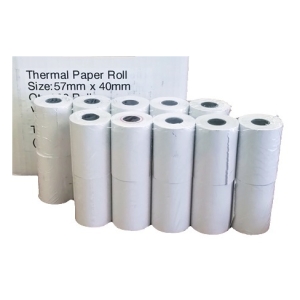 Row of white thermal paper rolls standing upright with a box in the background labeled 'Thermal Paper Roll Size: 57mm x 40mm'