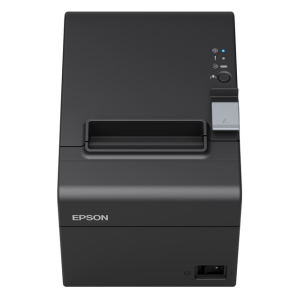 Front view of an Epson compact receipt printer with paper feed slot and status LEDs on the top edge.