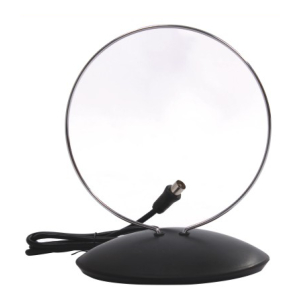 Ring-shaped loop antenna mounted on a black base with a coax connector and cable attached.