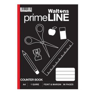 Black cover of a Waltons primeLINE counter book with red spine; white line drawings of scissors, pencil, ruler, eraser, and a card slot, plus the words 'Counter Book' and barcode.