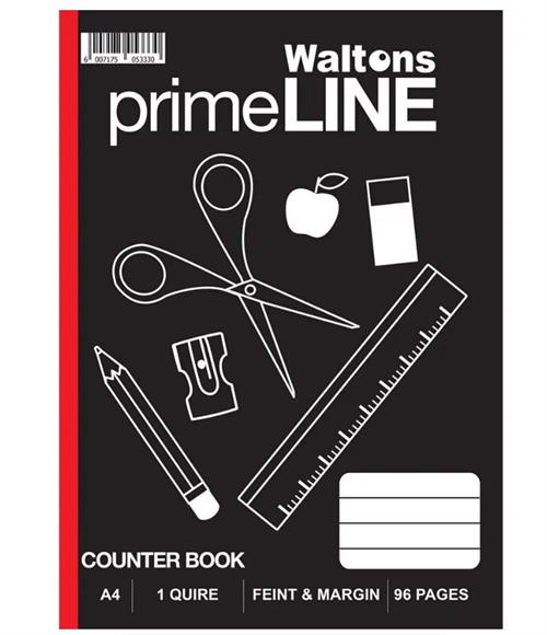 TOT97682 - Computech-Solutions Black cover of a Waltons primeLINE counter book with red spine; white line drawings of scissors, pencil, ruler, eraser, and a card slot, plus the words 'Counter Book' and barcode.