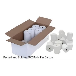 Open carton containing about 50 white toilet paper rolls, with several rolls displayed outside.