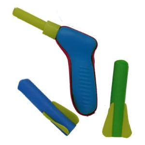 Multi-color toy dart blaster parts: a blue-handled gun with a yellow tip, a blue-and-green segment, and a green stand with a yellow base.