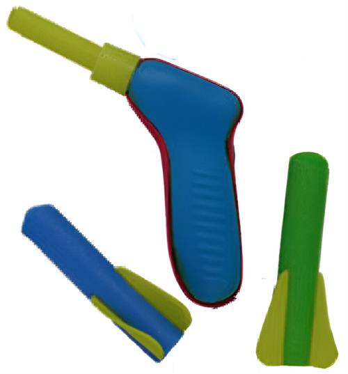 TPS001 - Computech-Solutions Multi-color toy dart blaster parts: a blue-handled gun with a yellow tip, a blue-and-green segment, and a green stand with a yellow base.
