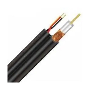 Cross-section of a black power cable showing red and black insulated conductors and a bare copper conductor with shielding