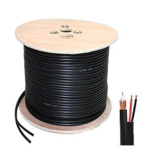 Large wooden spool of black electrical cable with the wire heaped on the reel and stripped copper conductors exposed at the end.