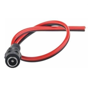 Red and black two-conductor DC power cable ending in a female barrel connector.